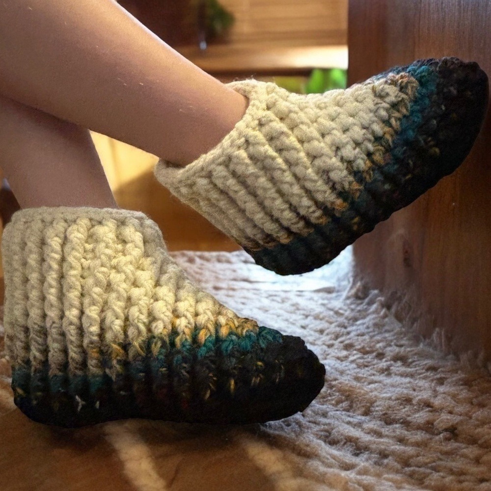 Cream Multi Crochet Slipper Boots Women OS Handmade by Seller